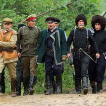 Владимир Виноградов, Михаил Горевой, Александр Бухаров, Олег Фомин, Сергей Баталов и Станислав Дужников на съемках фильма "Господа офицеры: спасти императора"