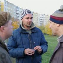 Евгений Сытый, Борис Хлебников и Сергей Дрейден на съемках фильма "Сумасшедшая помощь"