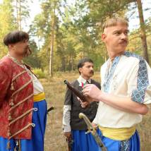 Евгений Кошевой, Юрий Корявченков и Владимир Зеленский на съемках фильма "Как казаки"