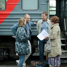 Константин Соловьев, Кирилл Кяро, Ольга Арнтгольц на съемках сериала "Выхожу тебя искать 2"