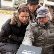 Мария Миронова, Олег Погодин и Сергей Юшкевич на съемках фильма "Крик совы"