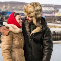 Ольга Филимонова и Петр Федоров на съемках фильма "Ледокол"