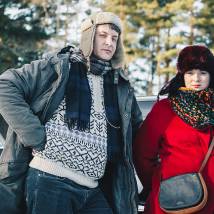 Екатерина Копанова, Александр Макогон на съемках фильма "Трое в лифте, не считая собаки"